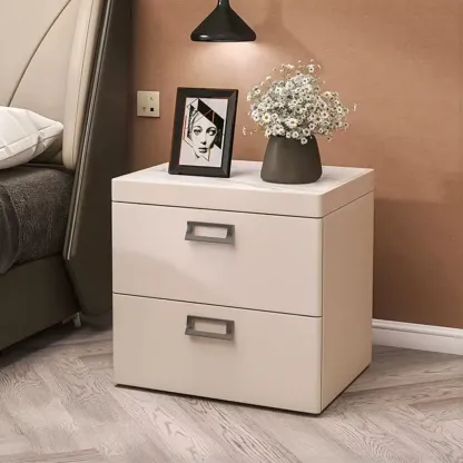 Modern Faux Leather 2 Drawers Nightstand with Stone Top Image - 3