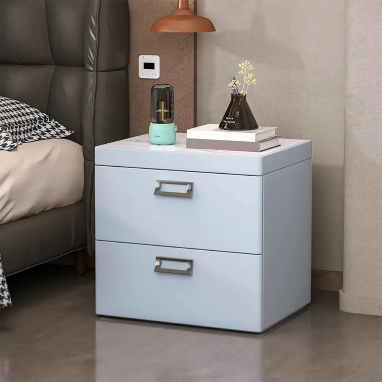 Modern Faux Leather 2 Drawers Nightstand with Stone Top Image - 17 | homeyfad