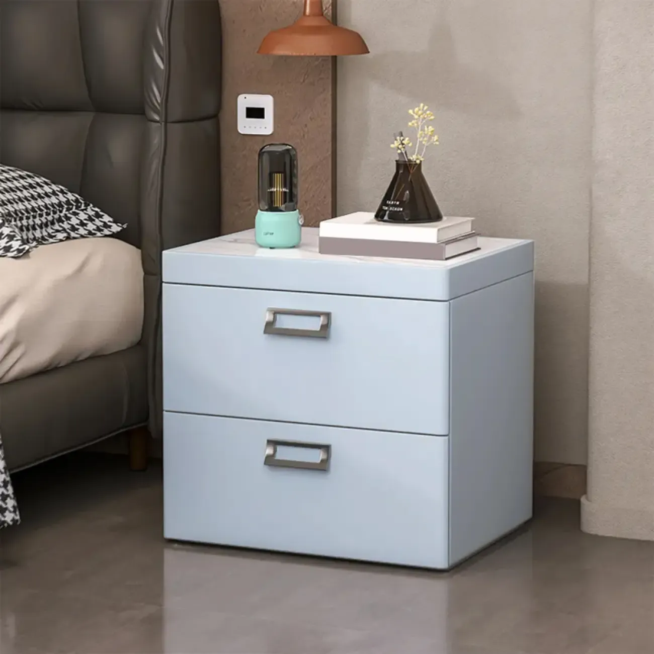 Modern Faux Leather 2 Drawers Nightstand with Stone Top Image - 17