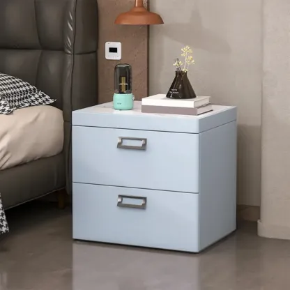 Modern Faux Leather 2 Drawers Nightstand with Stone Top Image - 17