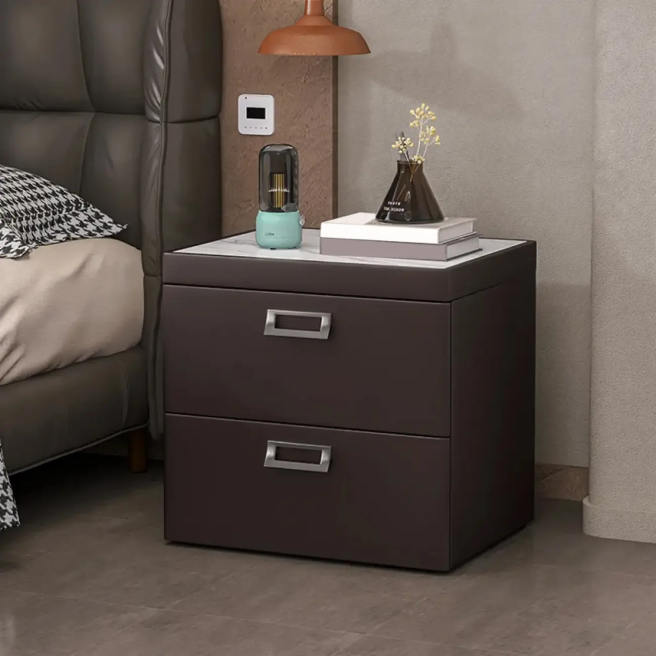 Modern Faux Leather 2 Drawers Nightstand with Stone Top Image - 19 | homeyfad