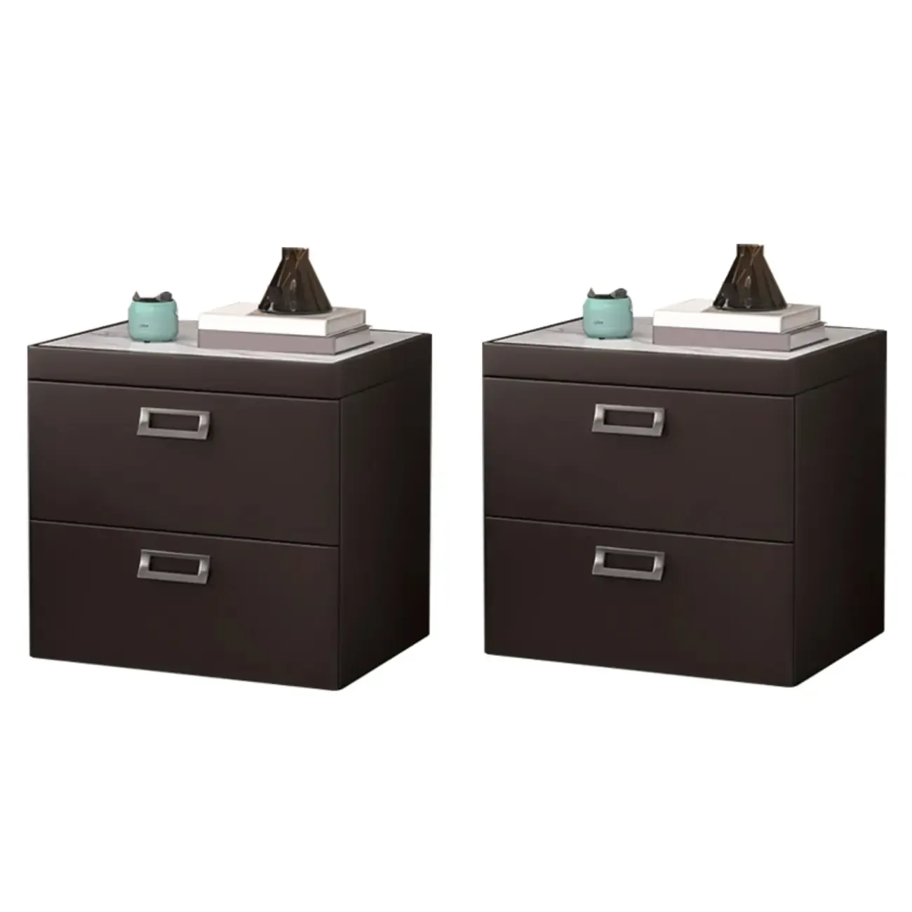 Modern Faux Leather 2 Drawers Nightstand with Stone Top Image - 20
