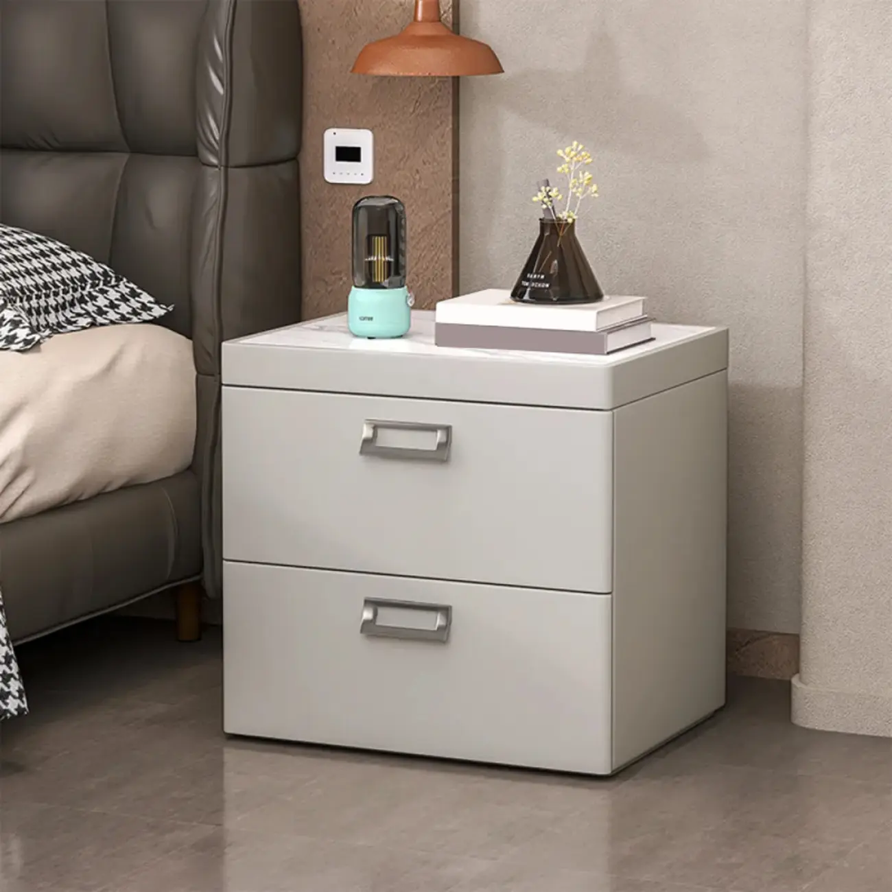 Modern Faux Leather 2 Drawers Nightstand with Stone Top Image - 21 | homeyfad