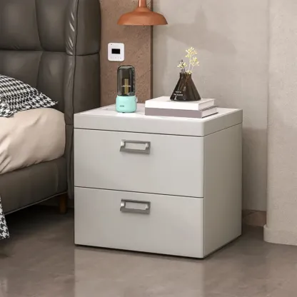 Modern Faux Leather 2 Drawers Nightstand with Stone Top Image - 21