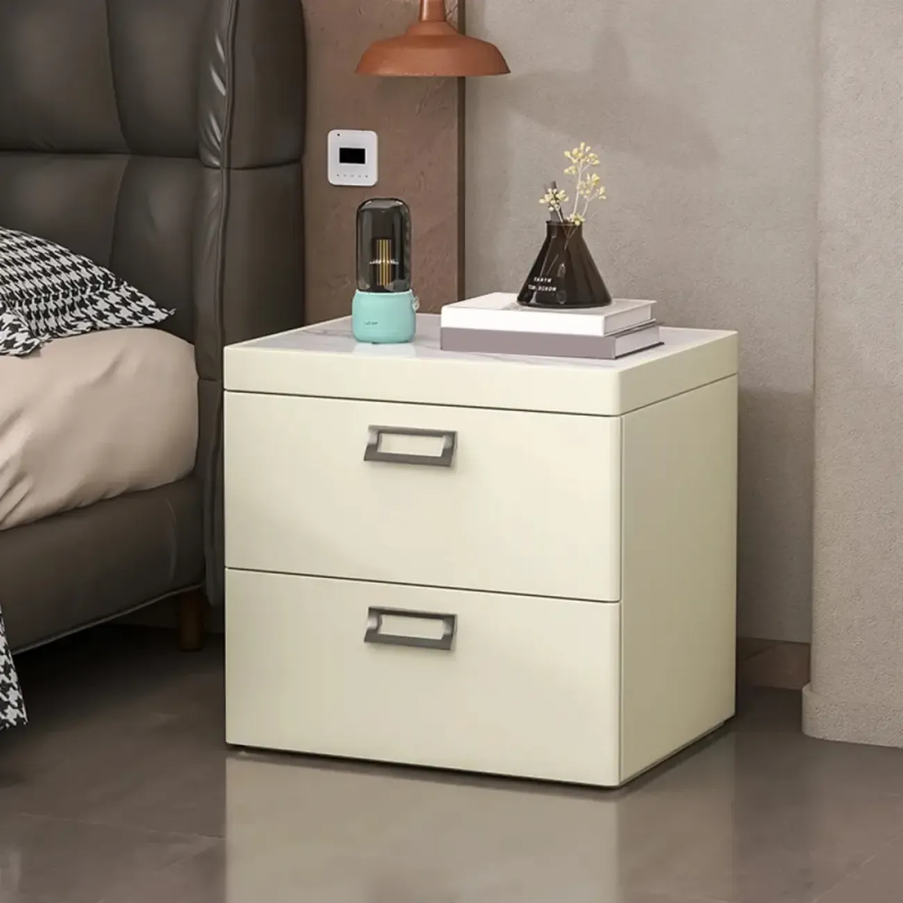 Modern Faux Leather 2 Drawers Nightstand with Stone Top Image - 23