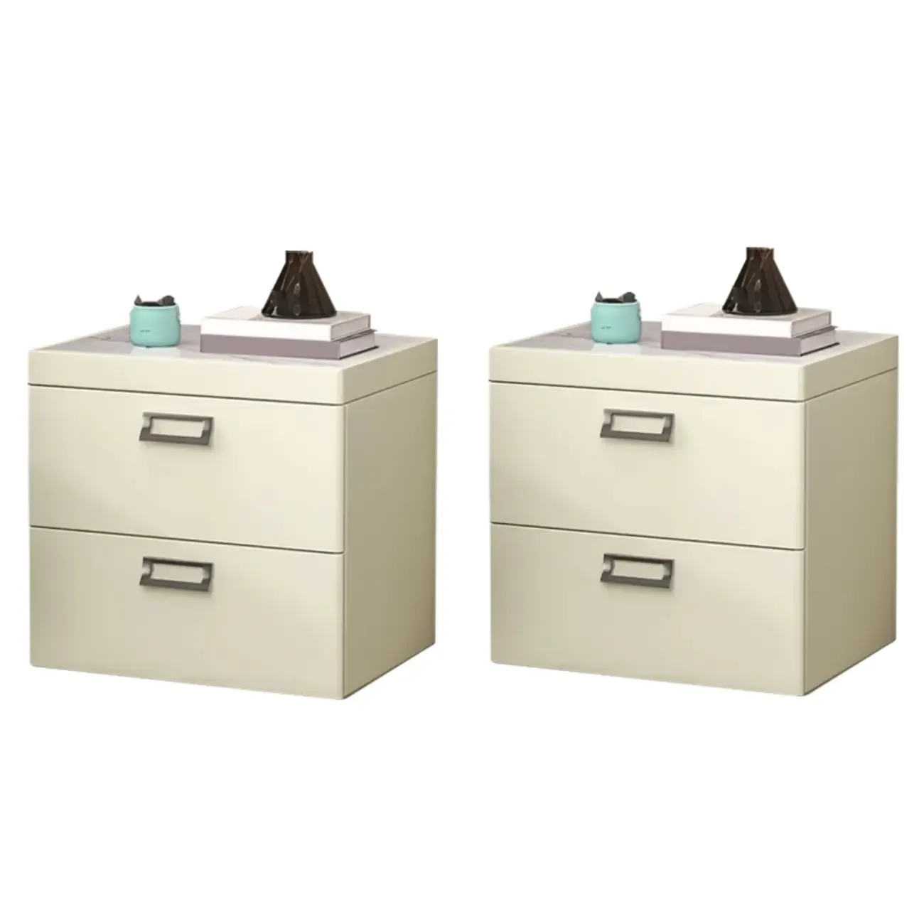 Modern Faux Leather 2 Drawers Nightstand with Stone Top Image - 24