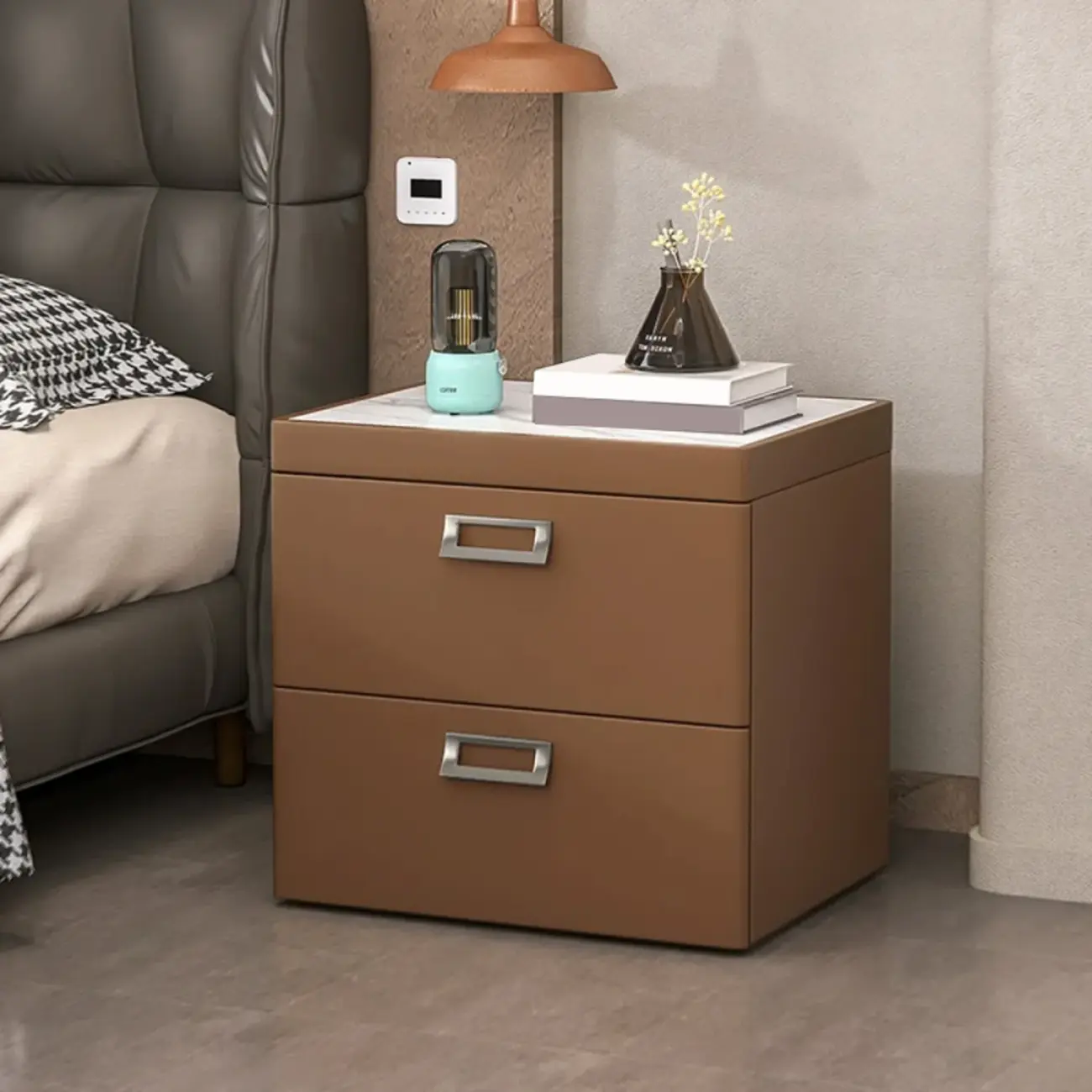 Modern Faux Leather 2 Drawers Nightstand with Stone Top Image - 25 | homeyfad