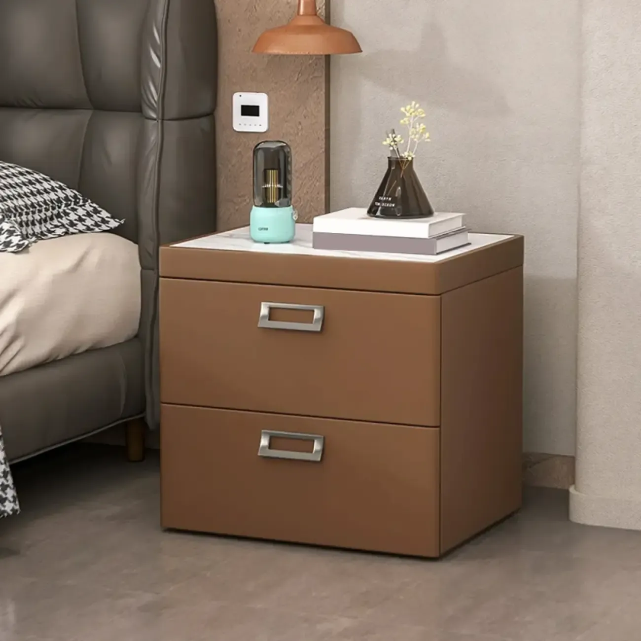 Modern Faux Leather 2 Drawers Nightstand with Stone Top Image - 25
