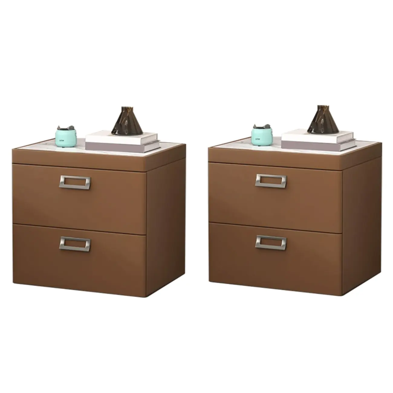 Modern Faux Leather 2 Drawers Nightstand with Stone Top Image - 26 | homeyfad