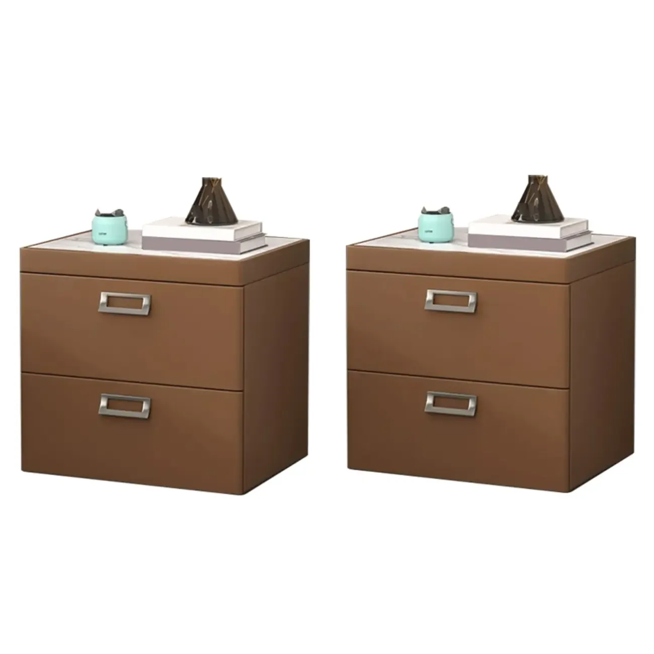 Modern Faux Leather 2 Drawers Nightstand with Stone Top Image - 26