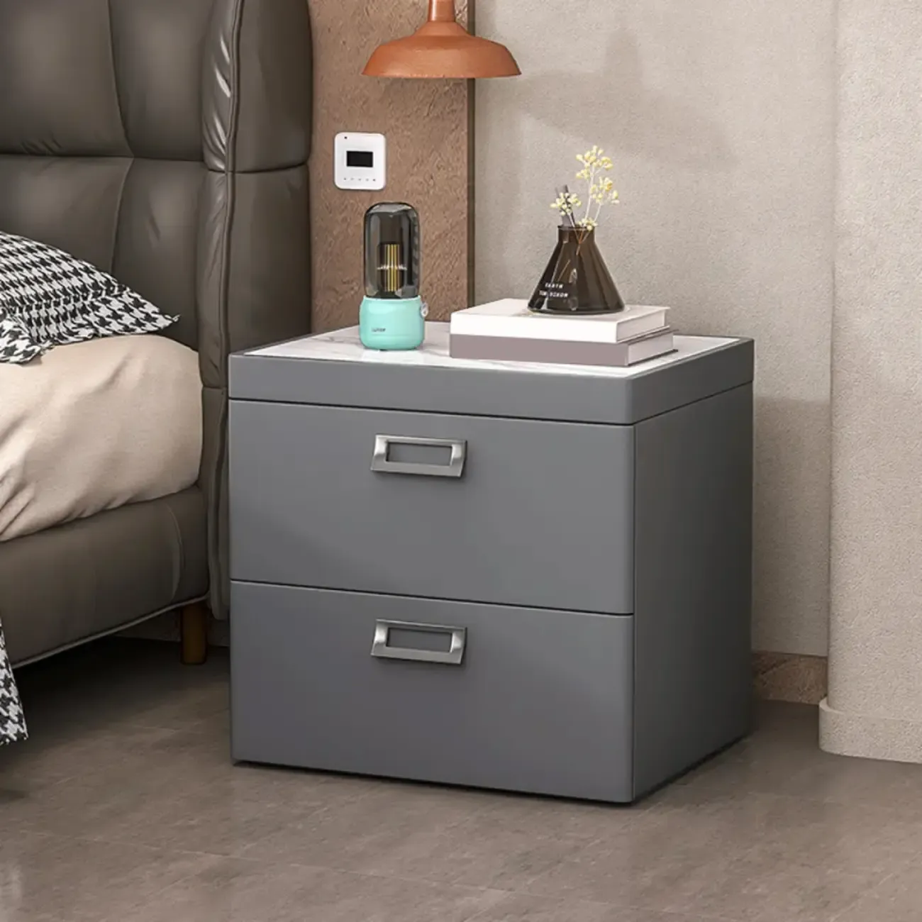 Modern Faux Leather 2 Drawers Nightstand with Stone Top Image - 27