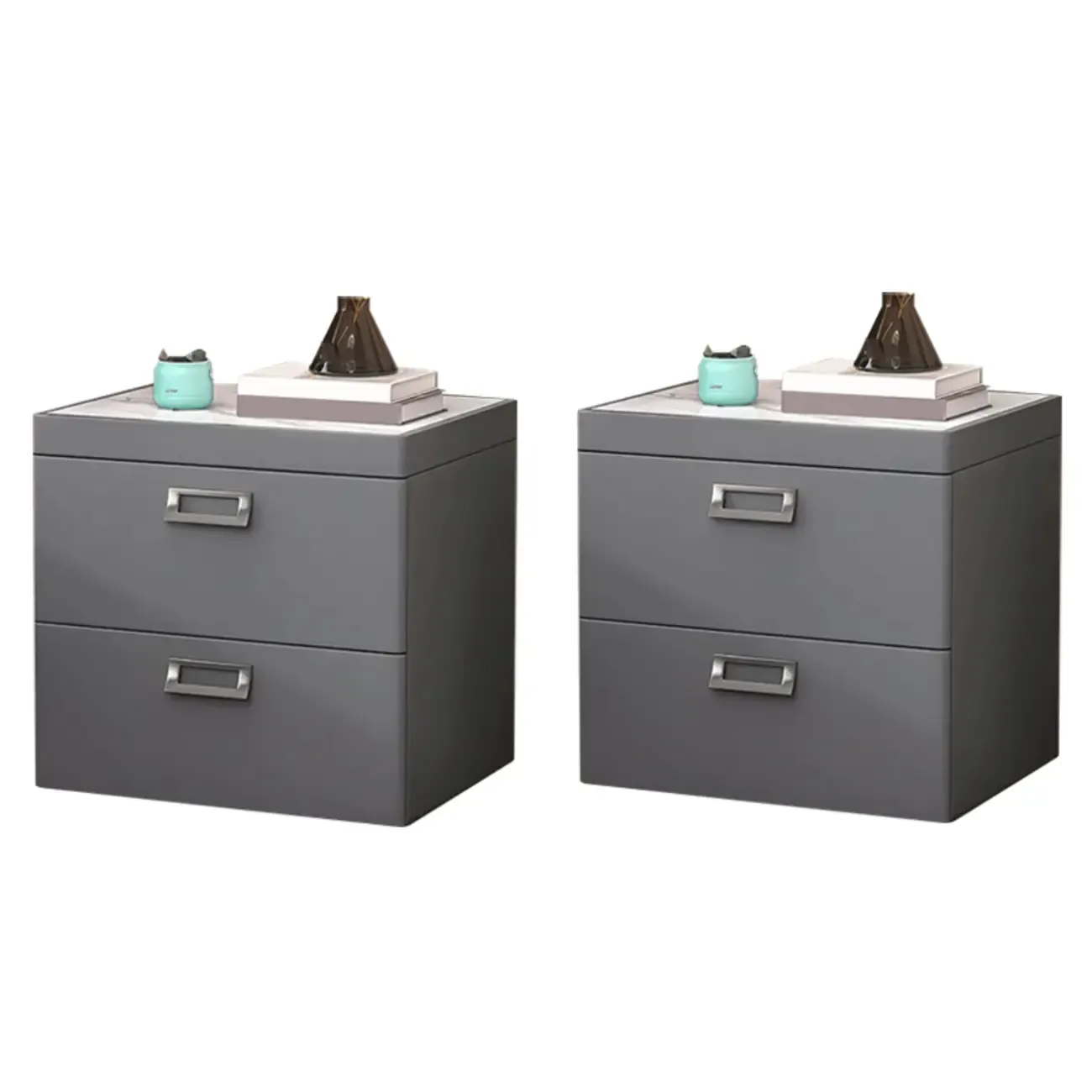 Modern Faux Leather 2 Drawers Nightstand with Stone Top Image - 28