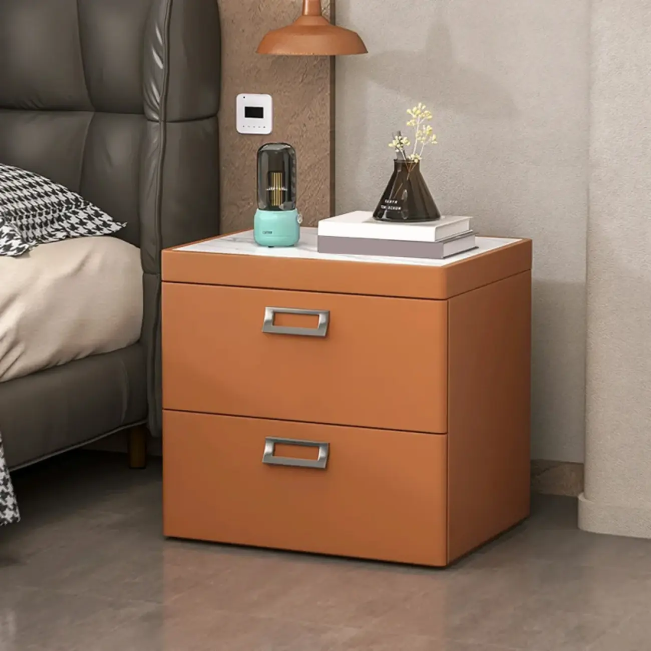 Modern Faux Leather 2 Drawers Nightstand with Stone Top Image - 29 | homeyfad