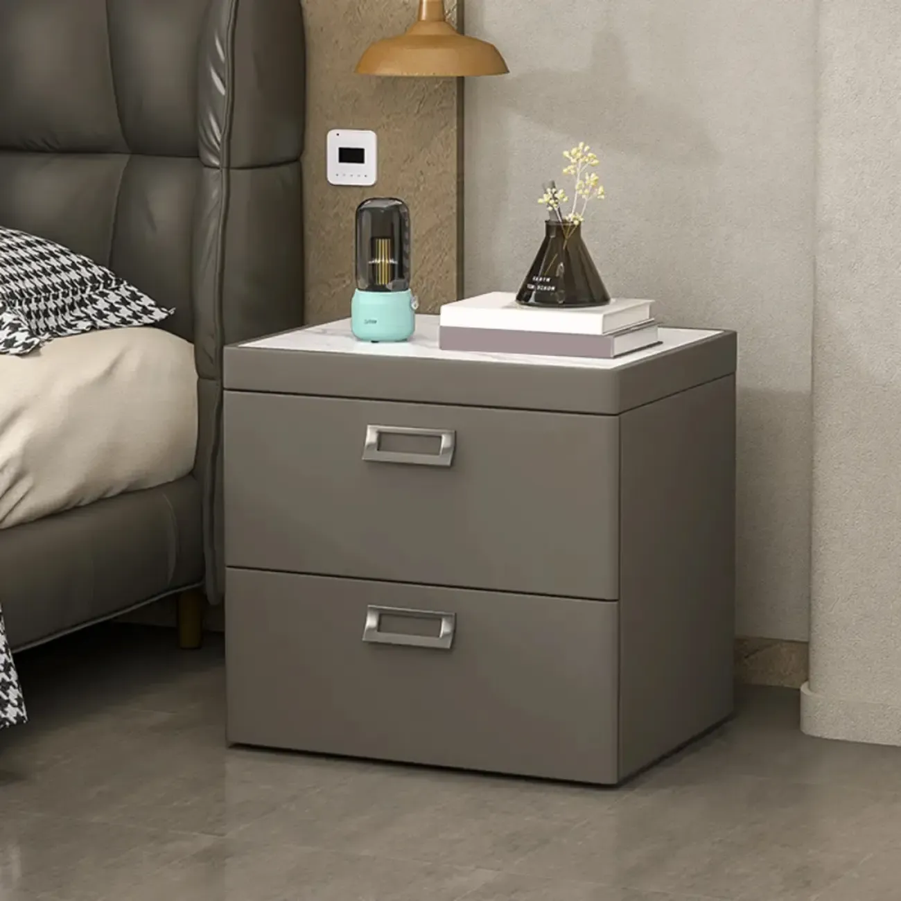 Modern Faux Leather 2 Drawers Nightstand with Stone Top Image - 31