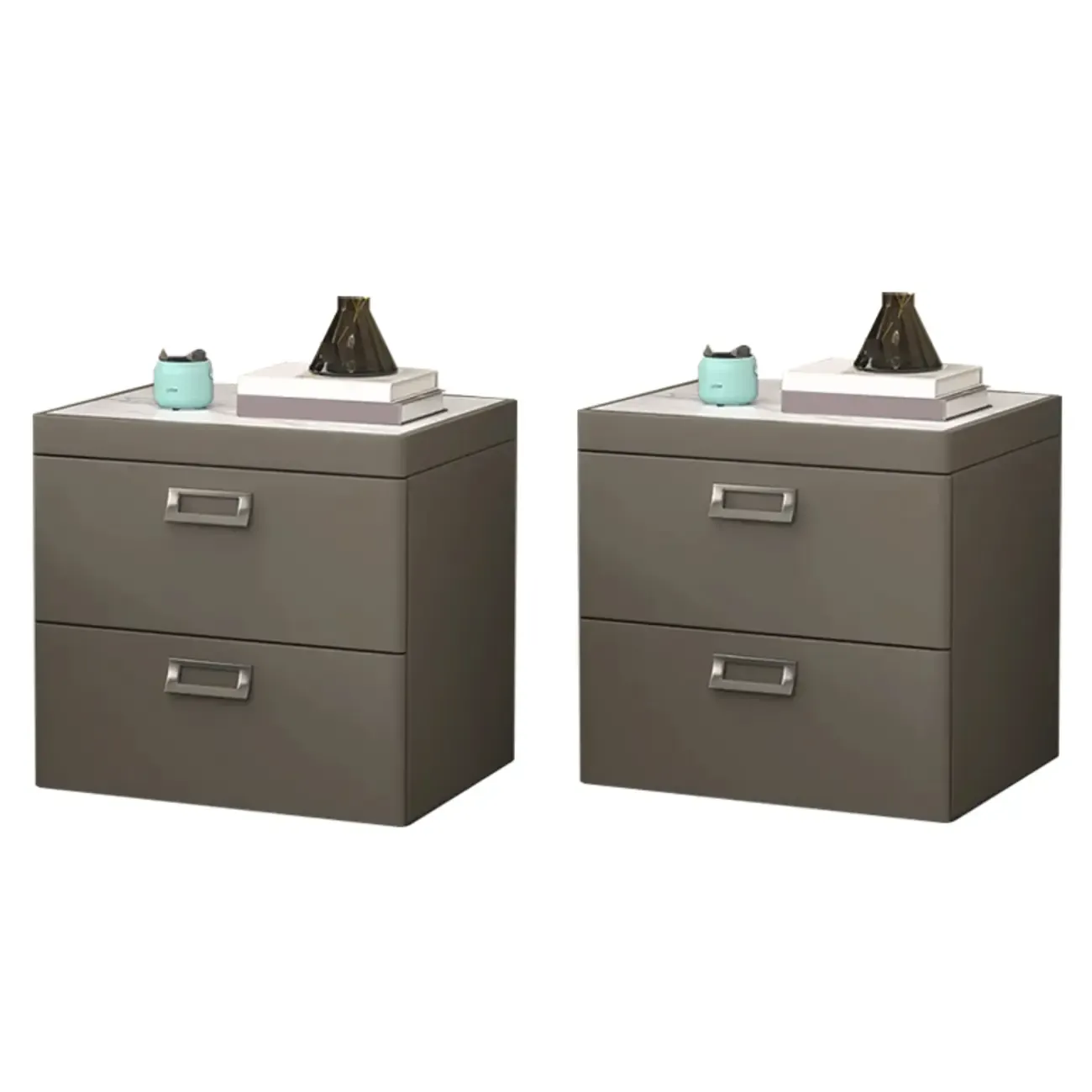 Modern Faux Leather 2 Drawers Nightstand with Stone Top Image - 32