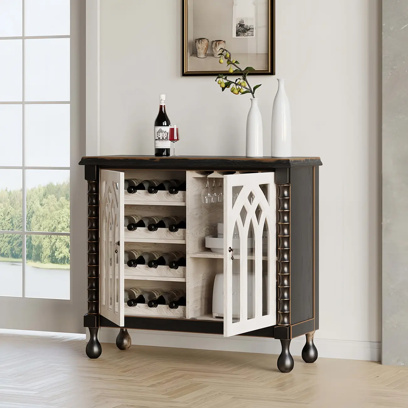 Traditional Black MDF Wine Rack Cabinet with Doors Image - 1 | homeyfad