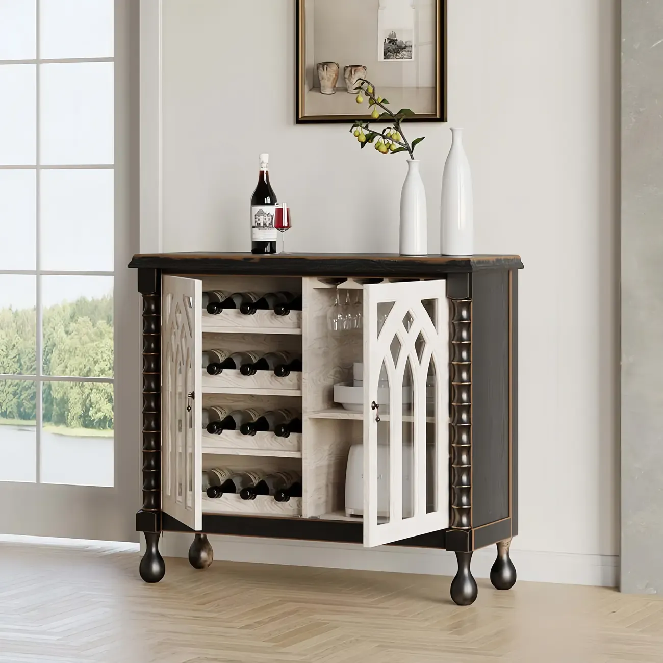 Traditional Black MDF Wine Rack Cabinet with Doors Image - 1