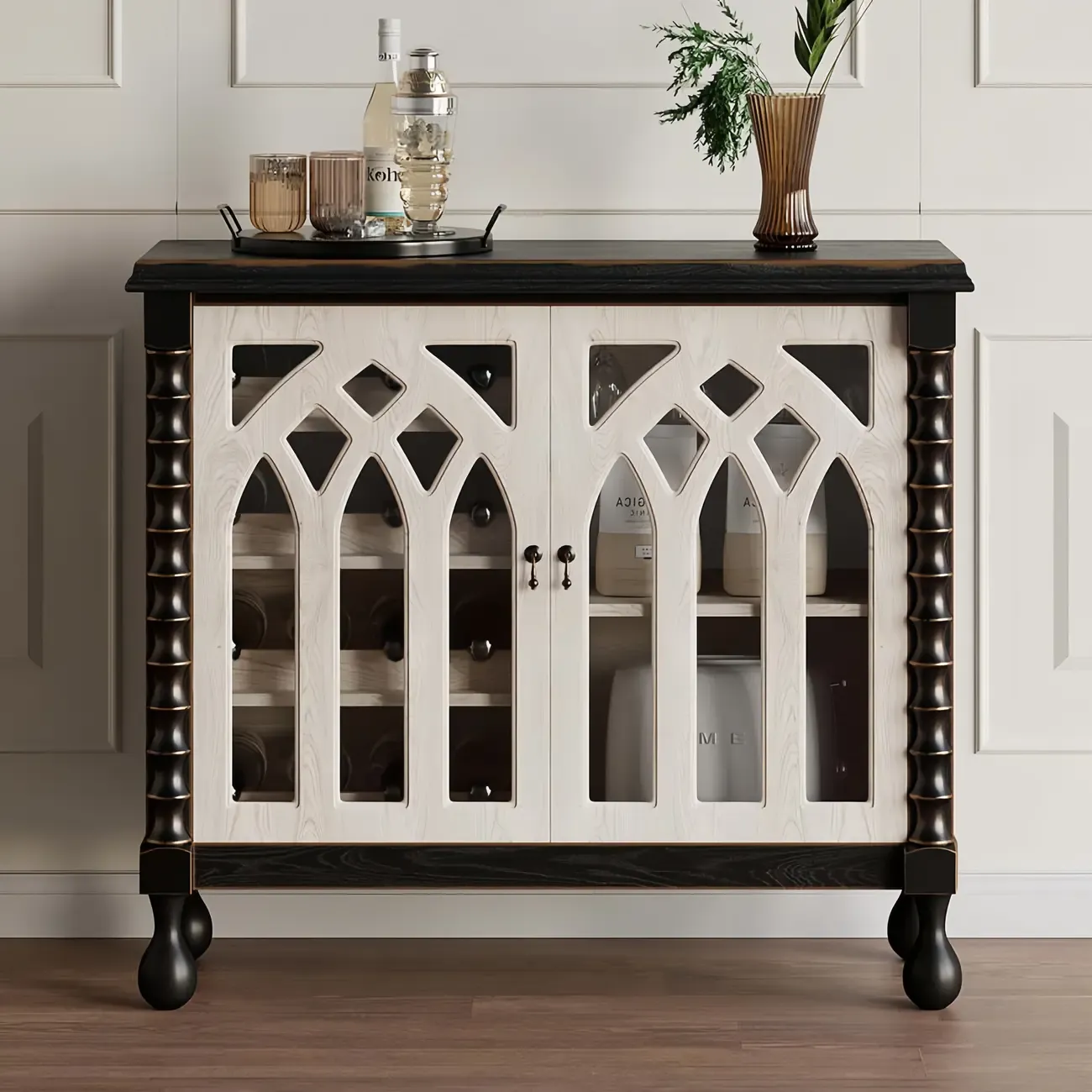 Traditional Black MDF Wine Rack Cabinet with Doors Image - 2