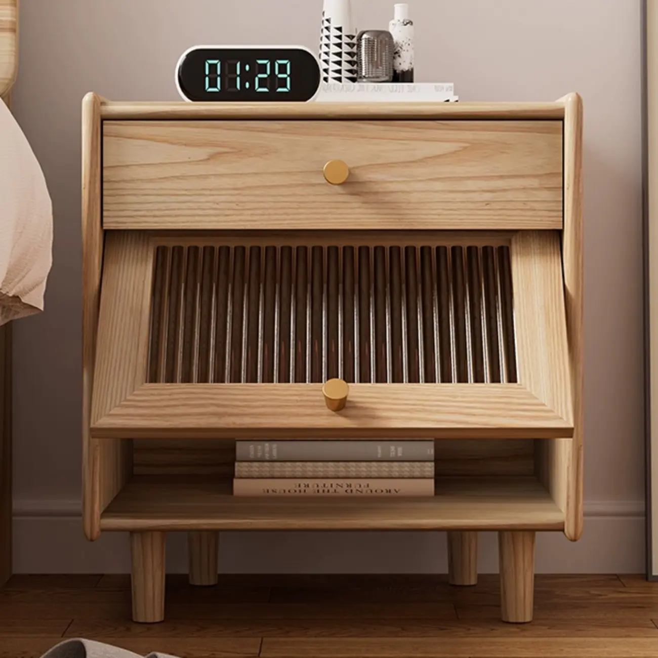 Natural Ash Wooden Drawer Cabinet Nightstand with Legs Image - 1 | homeyfad