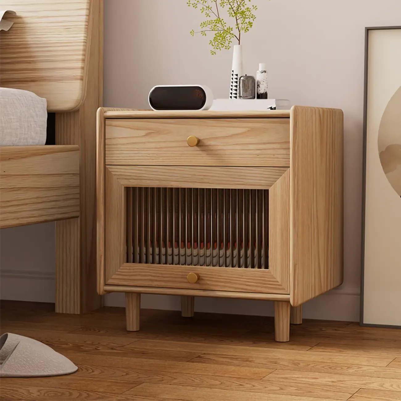 Natural Ash Wooden Drawer Cabinet Nightstand with Legs Image - 3