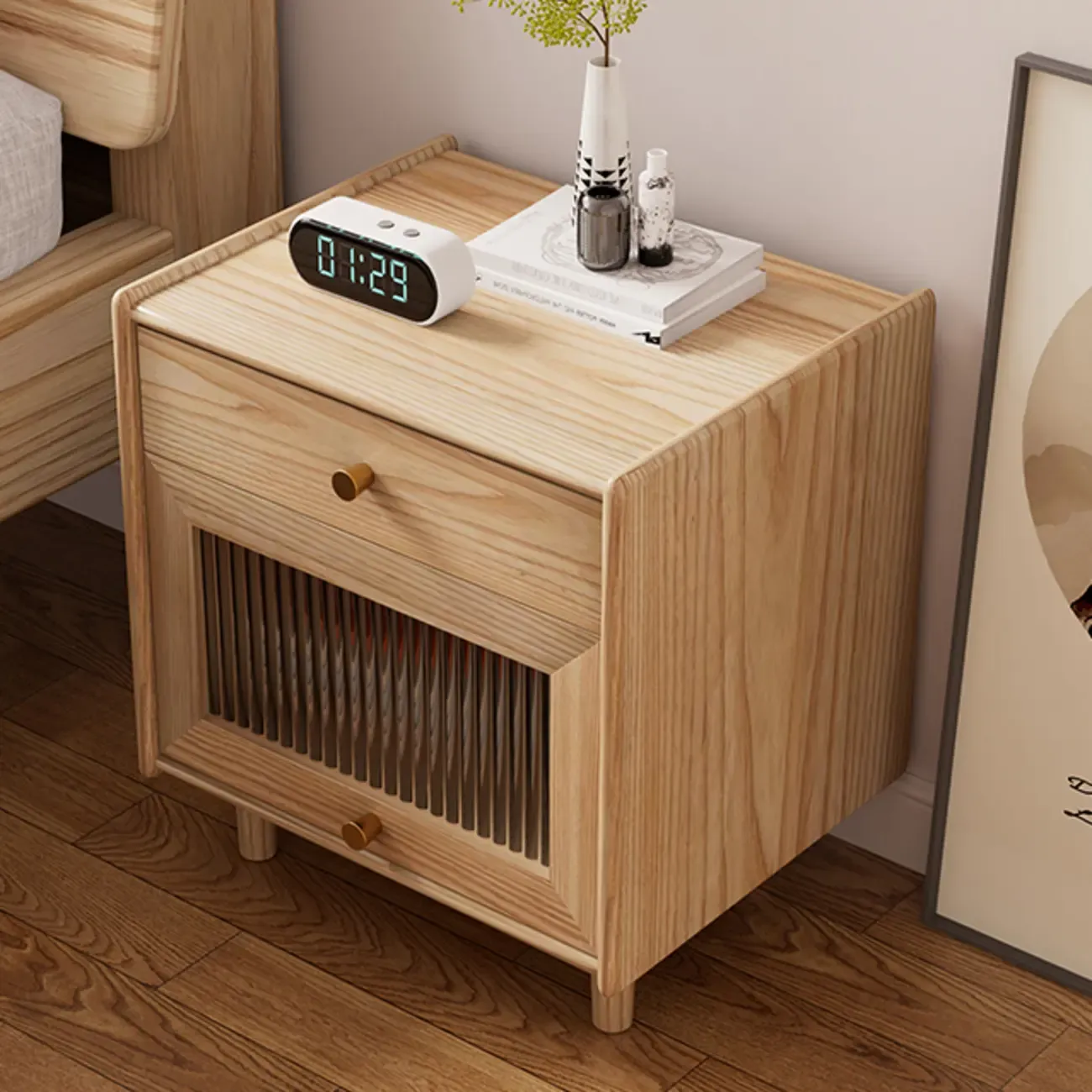 Natural Ash Wooden Drawer Cabinet Nightstand with Legs Image - 4