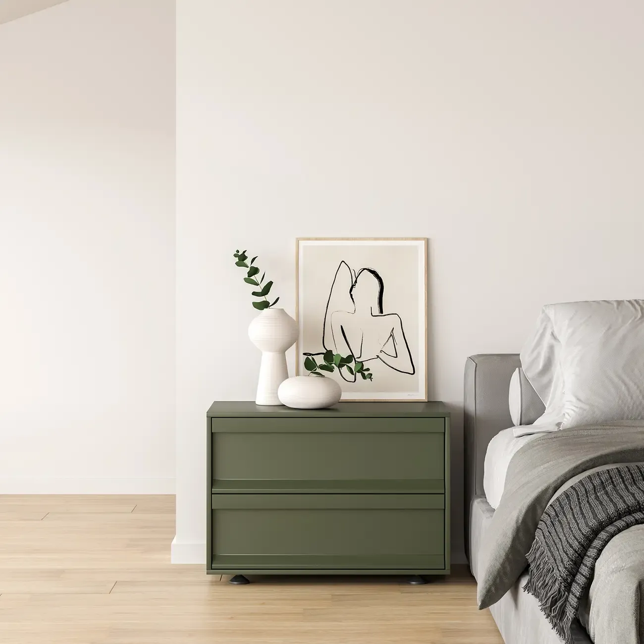 Contemporary Wooden Neat Line Olive Green 2 Drawer Nightstand Image - 3