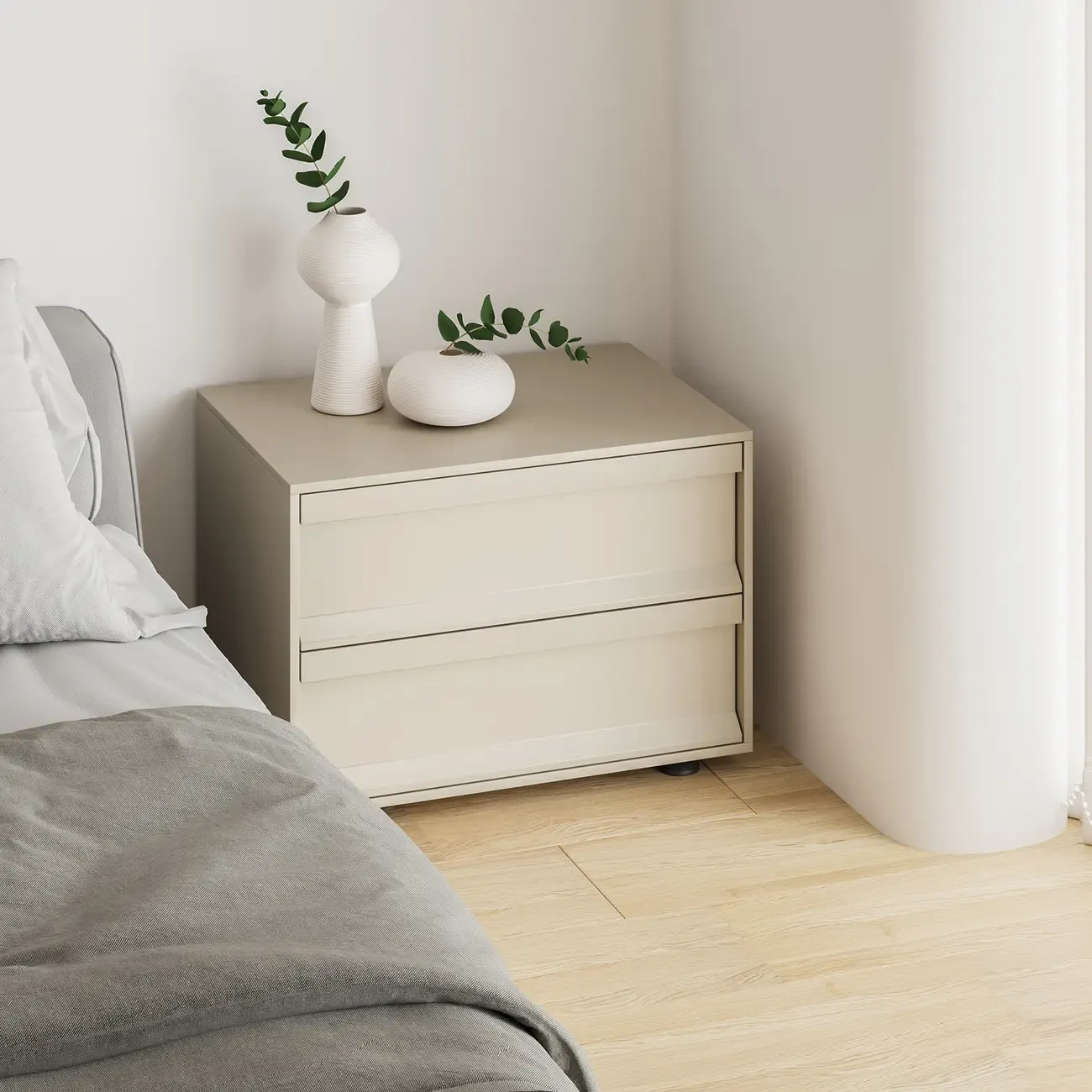 Contemporary Wooden Neat Line Olive Green 2 Drawer Nightstand Image - 5