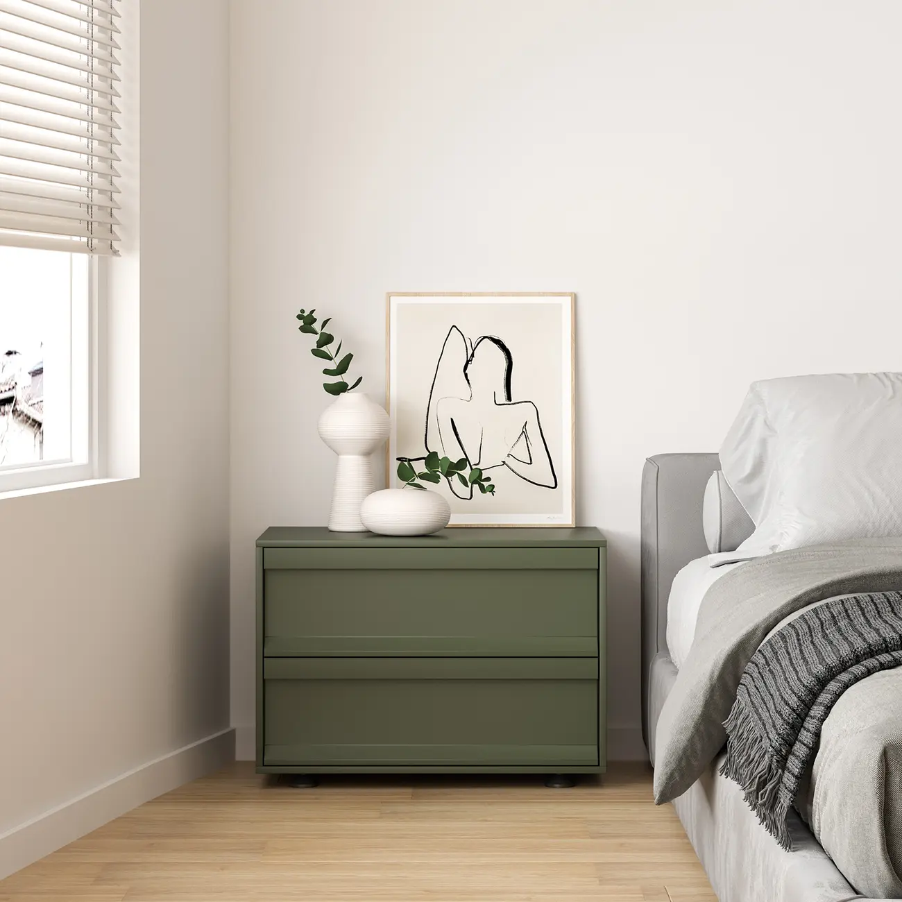 Contemporary Wooden Neat Line Olive Green 2 Drawer Nightstand Image - 1 | homeyfad