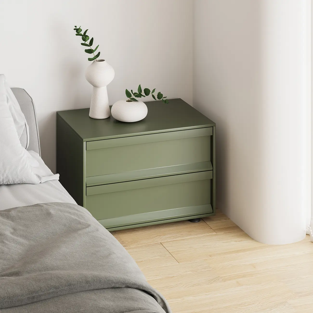 Contemporary Wooden Neat Line Olive Green 2 Drawer Nightstand Image - 2 | homeyfad