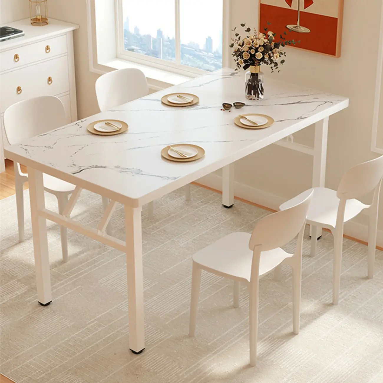 White Modern Marble Rectangular Folding Dining Table Image - 1 | homeyfad