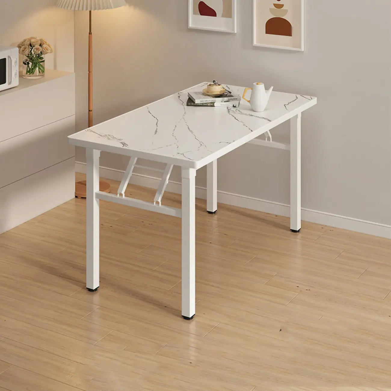 White Modern Marble Rectangular Folding Dining Table Image - 2 | homeyfad