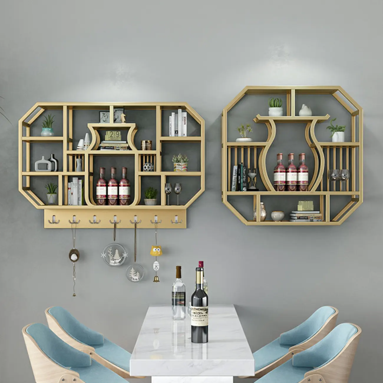 Gold Metal Wall Mounted Wine Bottle & Glass Rack Image - 1 | homeyfad