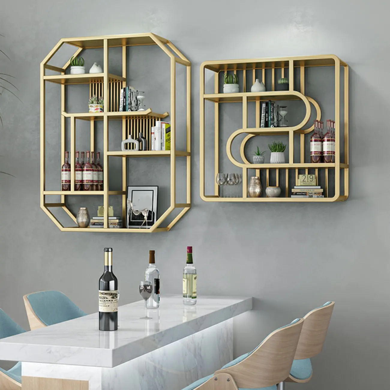 Gold Metal Wall Mounted Wine Bottle & Glass Rack Image - 2 | homeyfad