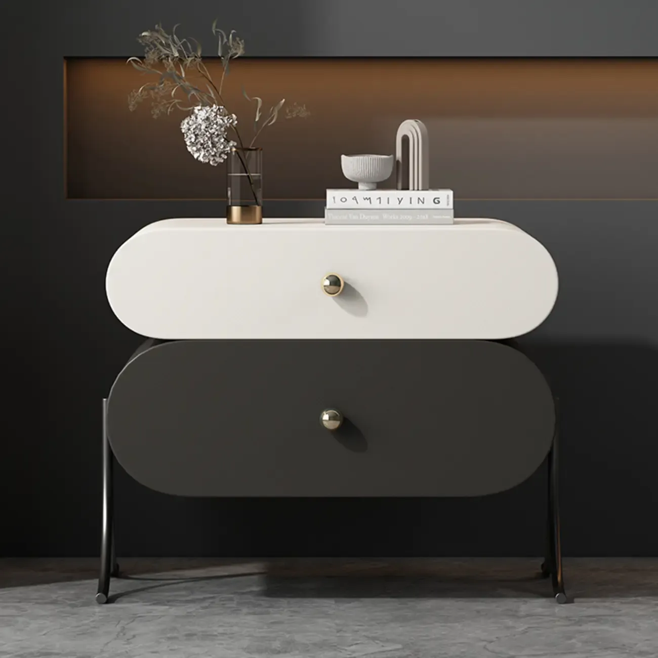 Contemporary Wood Faux Leather Rounded 2-Drawer Nightstand Image - 1