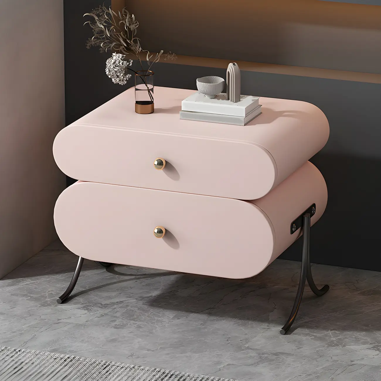 Contemporary Wood Faux Leather Rounded 2-Drawer Nightstand Image - 2 | homeyfad