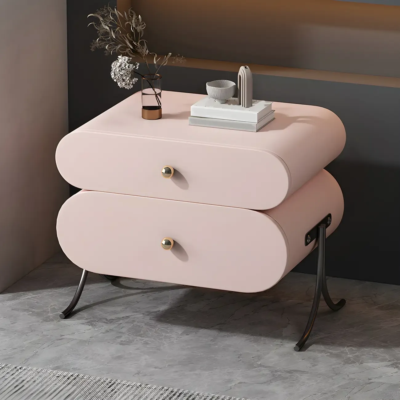 Contemporary Wood Faux Leather Rounded 2-Drawer Nightstand Image - 2