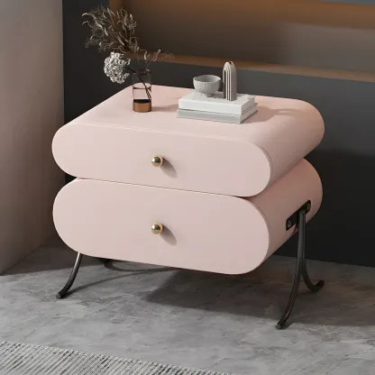 Contemporary Wood Faux Leather Rounded 2-Drawer Nightstand Image - 2