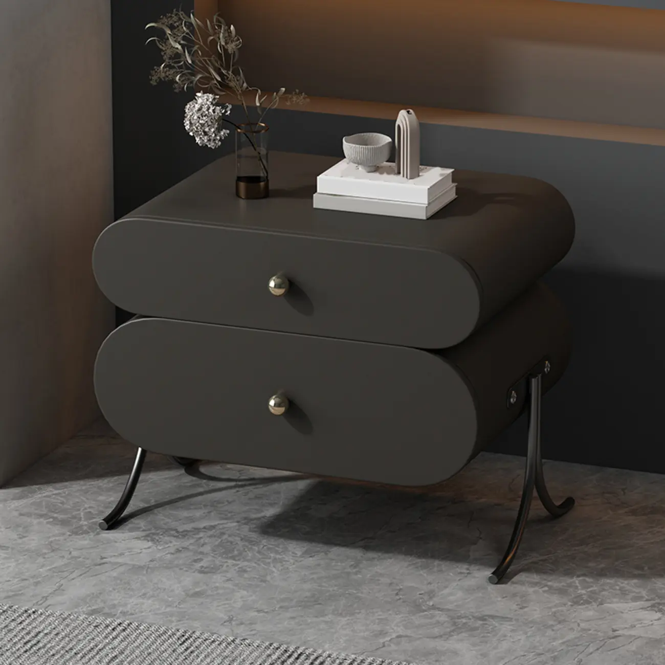 Contemporary Wood Faux Leather Rounded 2-Drawer Nightstand Image - 3 | homeyfad