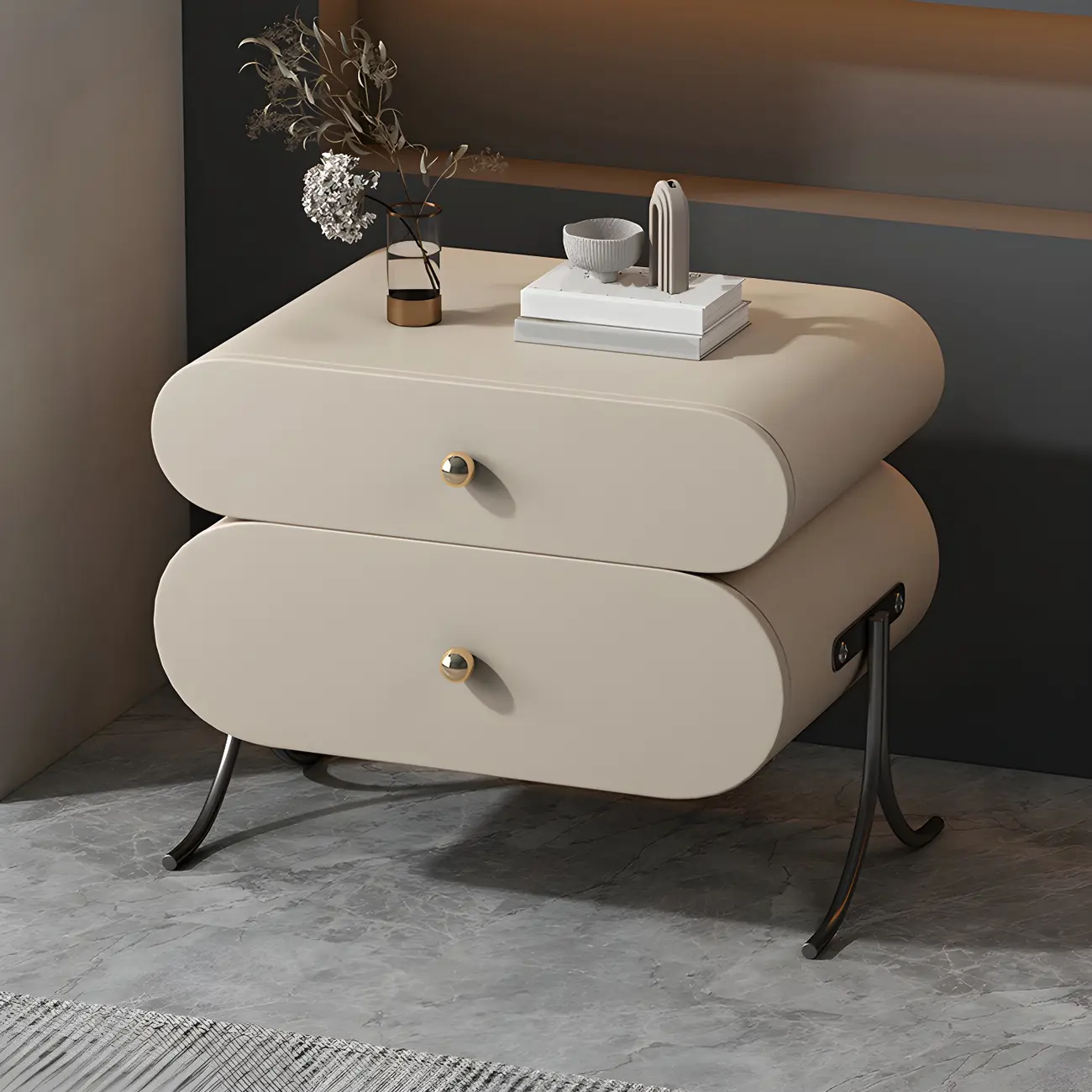 Contemporary Wood Faux Leather Rounded 2-Drawer Nightstand Image - 4 | homeyfad