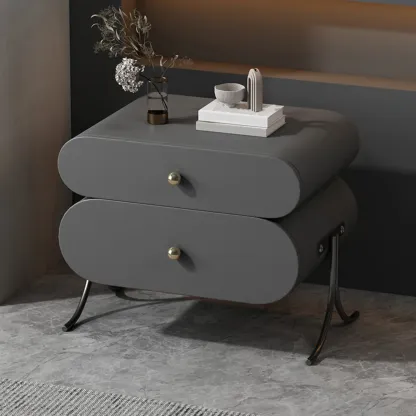 Contemporary Wood Faux Leather Rounded 2-Drawer Nightstand Image - 5