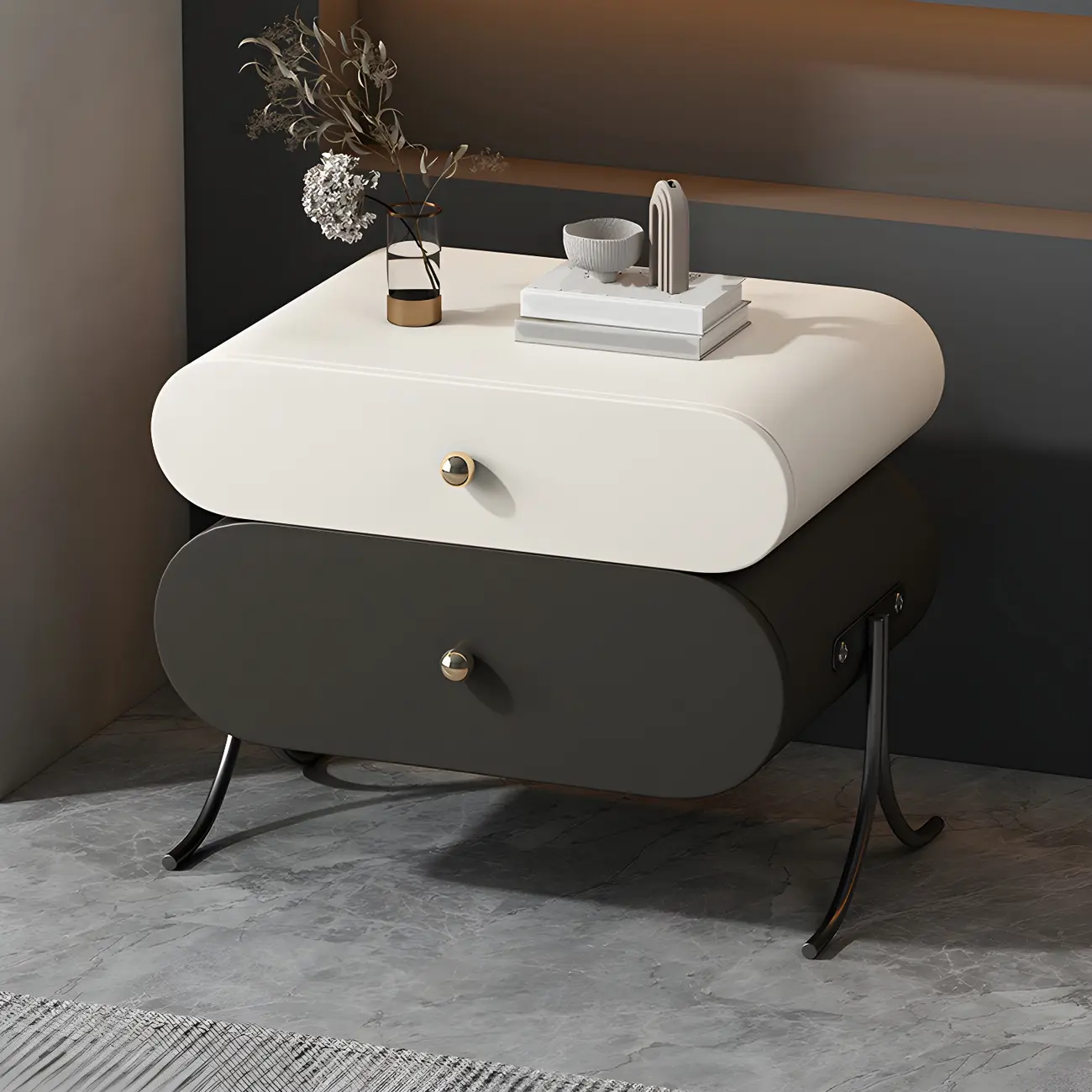 Contemporary Wood Faux Leather Rounded 2-Drawer Nightstand Image - 6 | homeyfad