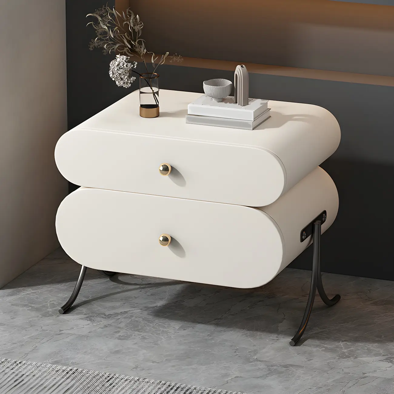 Contemporary Wood Faux Leather Rounded 2-Drawer Nightstand Image - 7 | homeyfad