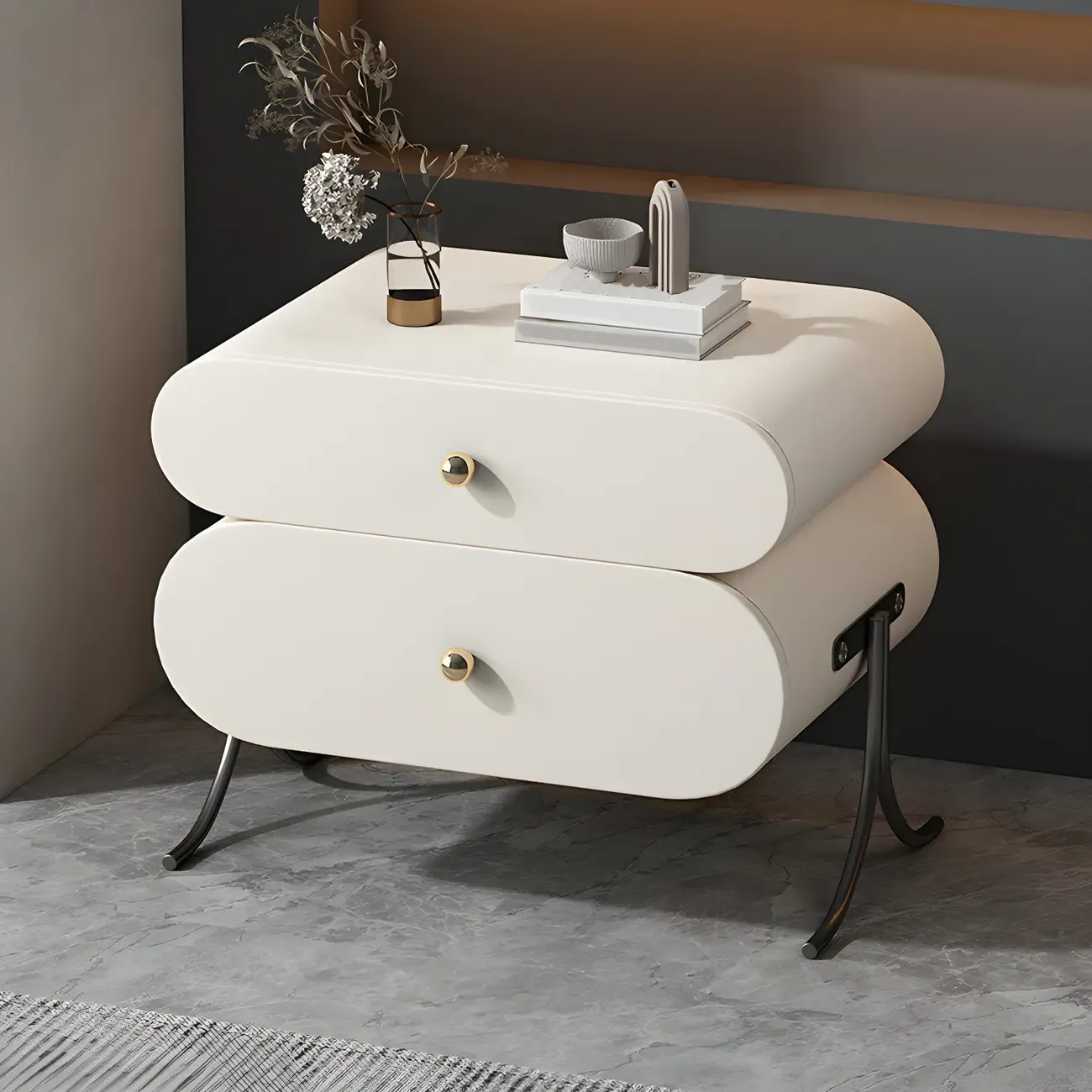 Contemporary Wood Faux Leather Rounded 2-Drawer Nightstand Image - 7