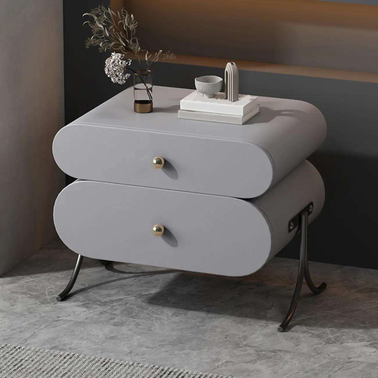 Contemporary Wood Faux Leather Rounded 2-Drawer Nightstand Image - 8