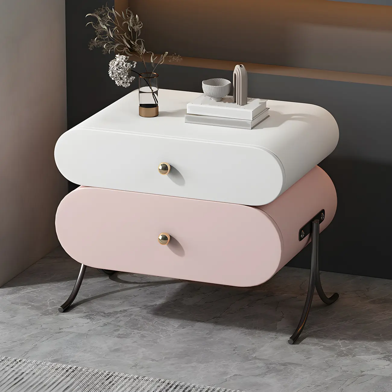 Contemporary Wood Faux Leather Rounded 2-Drawer Nightstand Image - 9 | homeyfad