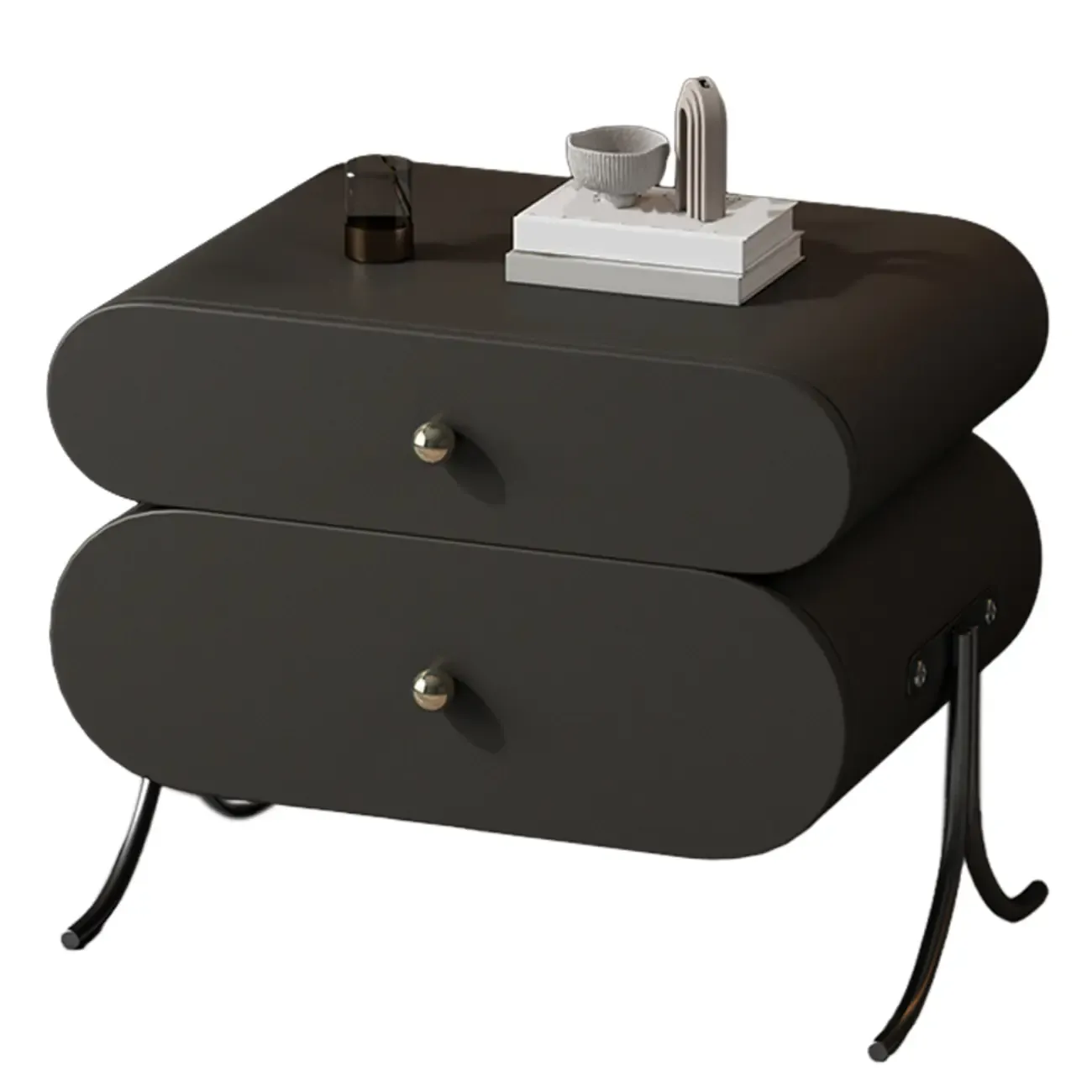 Contemporary Wood Faux Leather Rounded 2-Drawer Nightstand Image - 10