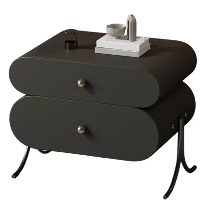 Contemporary Wood Faux Leather Rounded 2-Drawer Nightstand Image - 10