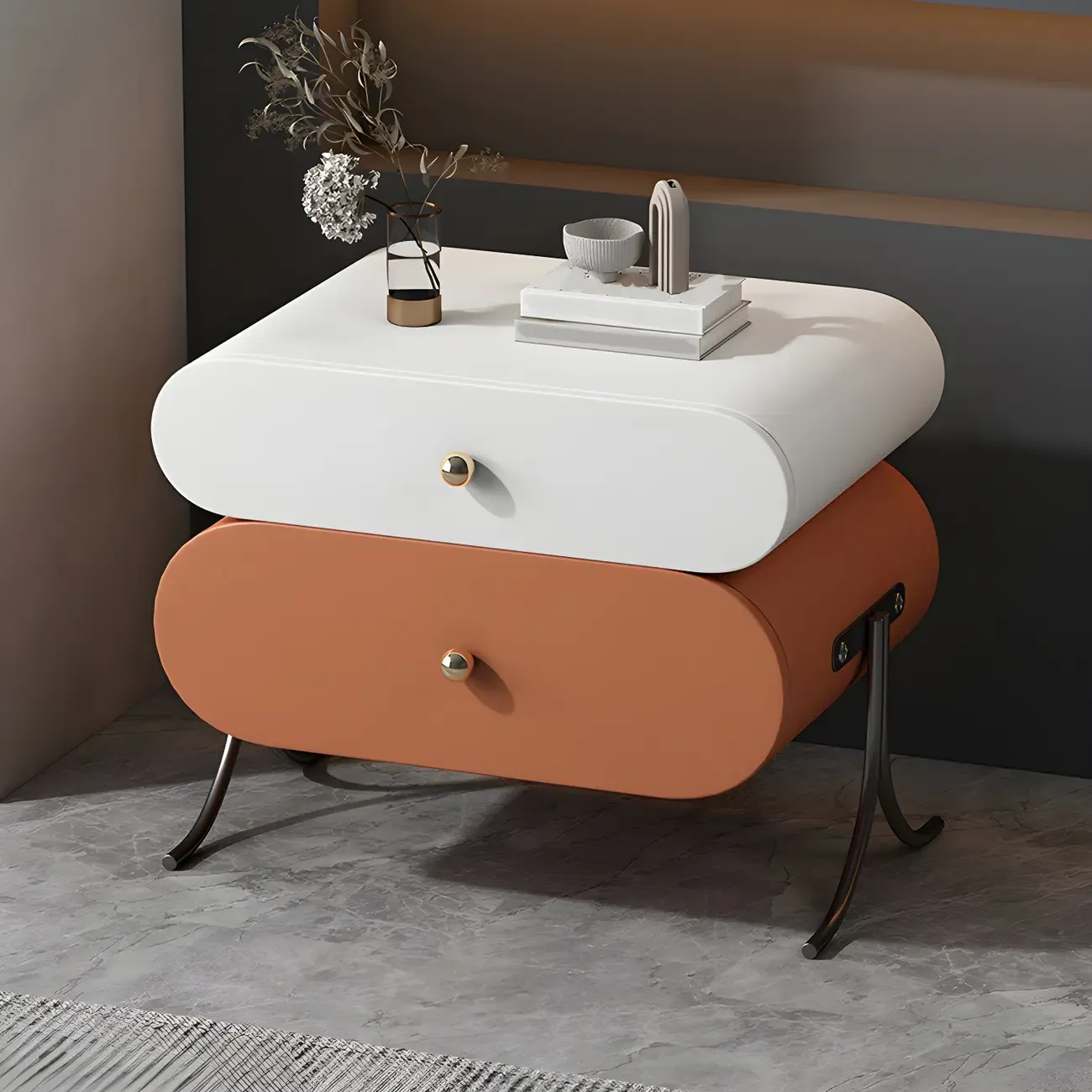 Contemporary Wood Faux Leather Rounded 2-Drawer Nightstand Image - 11