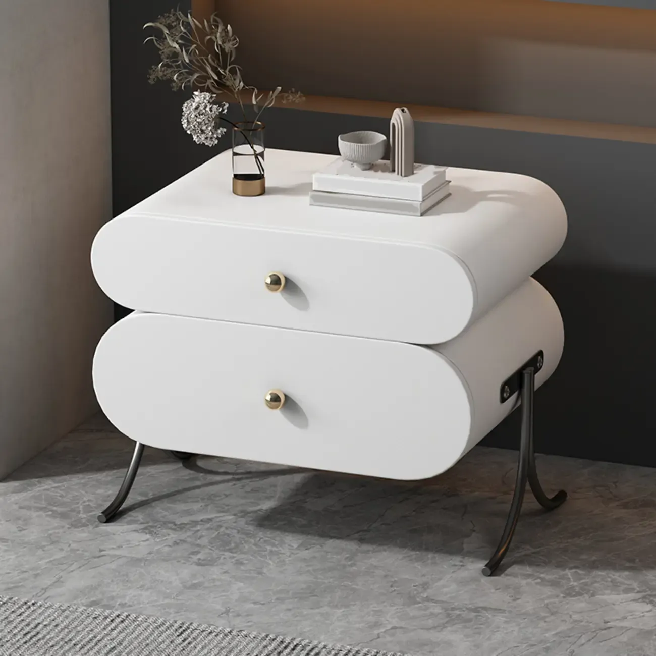 Contemporary Wood Faux Leather Rounded 2-Drawer Nightstand Image - 12