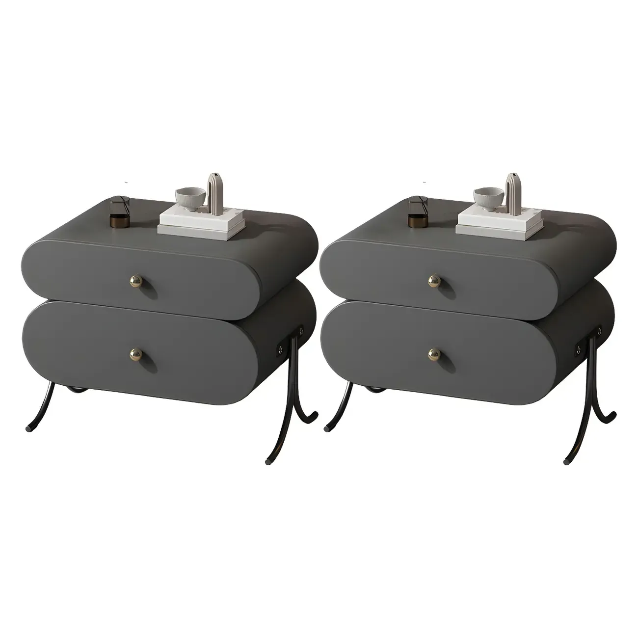 Contemporary Wood Faux Leather Rounded 2-Drawer Nightstand Image - 15